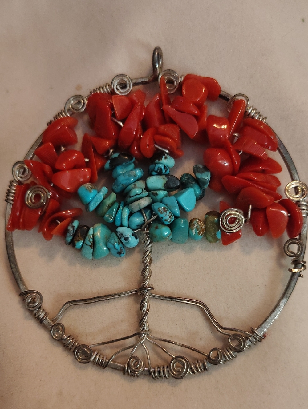 Handmade Red Coral & Turquoise Tree of Life Pendant